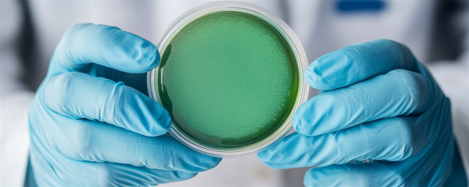Científico en laboratorio sosteniendo una caja de Petri con cultivo microbiano